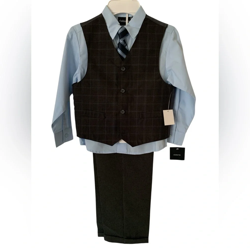 NWT Claiborne Suit Set Boys Size 6R Blue Gray 4 PC Vest Shirt Pants Clip On Tie